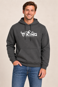 Charcoal Viking Outdoors logo hoodie, front studio model mockup