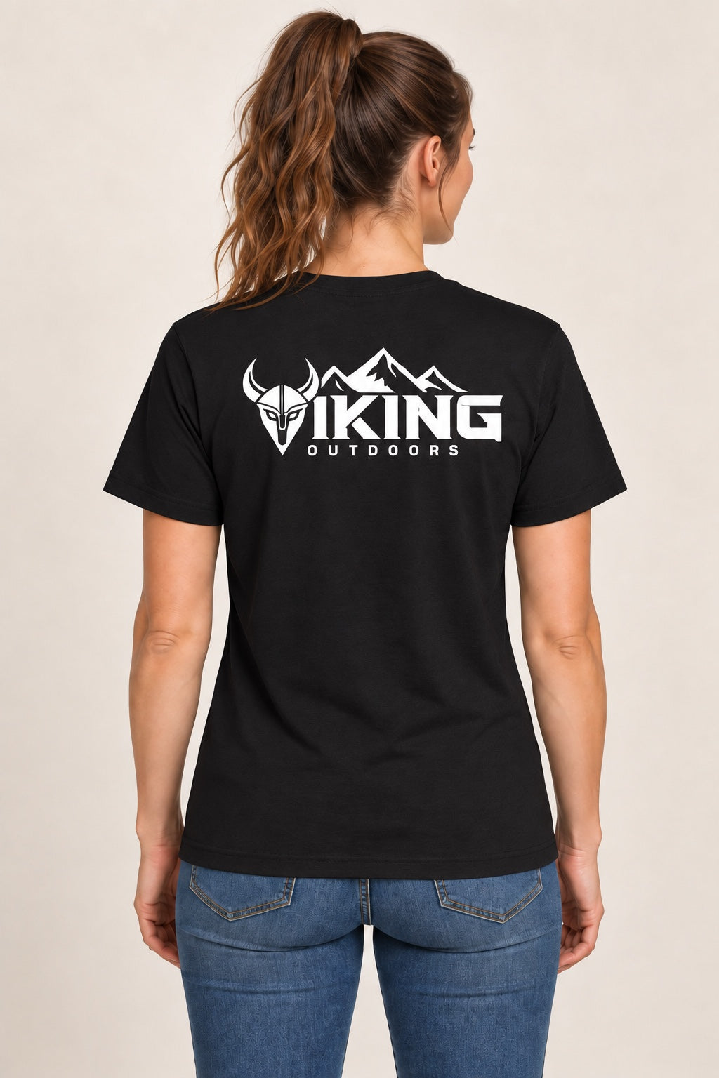 Black Viking Outdoors logo tee, back view on a female model