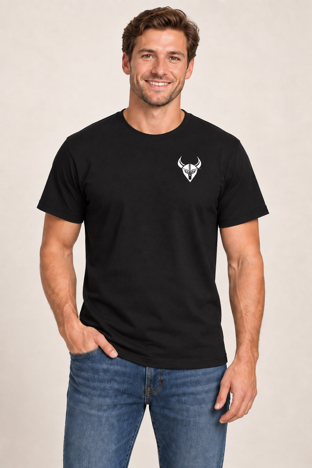 Black Viking Outdoors logo tee, front view on a male model