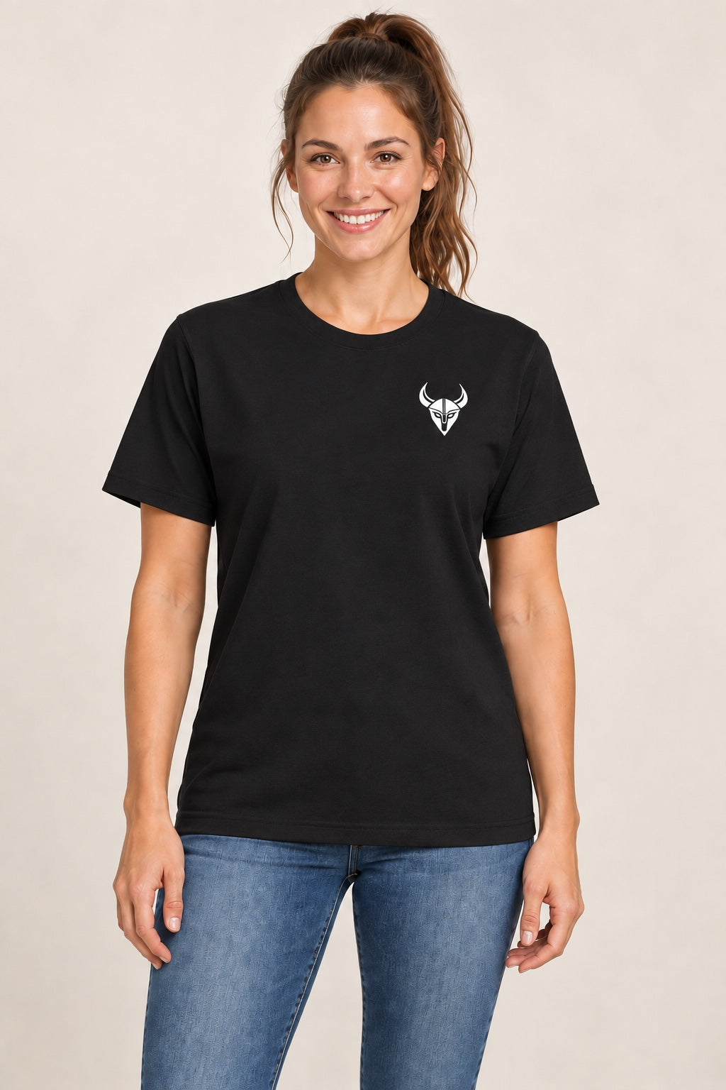 Black Viking Outdoors logo tee, front view on a female model