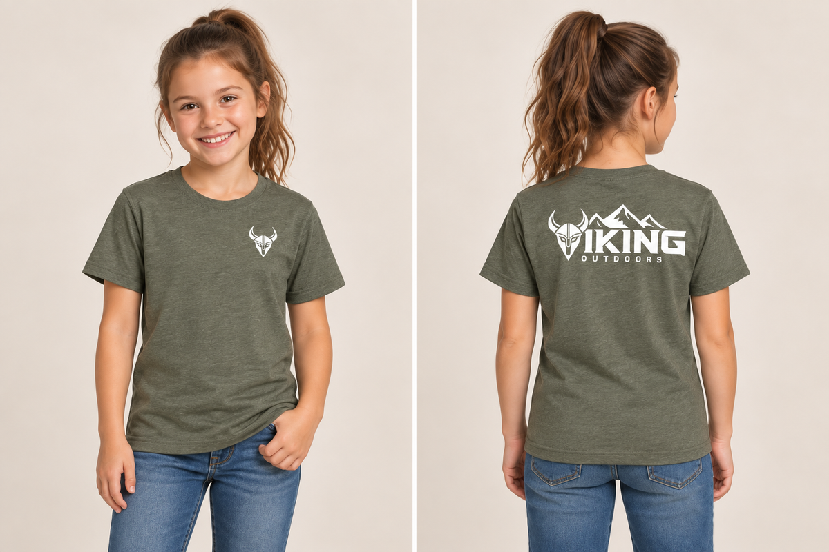 Olive Viking Outdoors youth tee, front and back model mockup